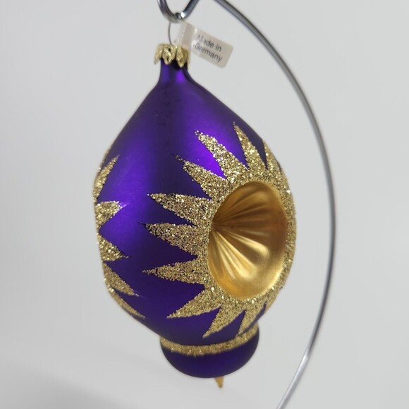 Glass Teardrop Triple Indent Purple Gold Glitter Starburst Ornament Germany - Picture 3 of 4